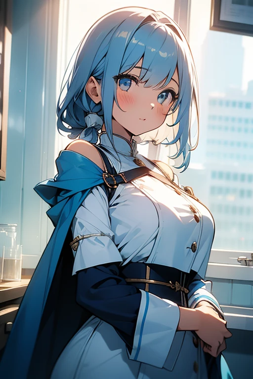 (Low Saturation:1.5),anime,1girl,pov,masterpiece,high quality,High resolution,HD,4K,8K,viscous paint,photo realistic,white hair,(Blue clothe:1.5),Nurse,Ao Dai,Cape,(open shoulders:1.4),underbust,(upperbust:1.2),(boob shaped clothes:1.3),