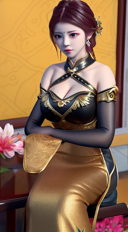 masterpiece,best quality,1 Girl, Bare shoulders, cheongsam, sitting,Raise your arms,A bit big,Large bust,Cleavage,full-body shot
