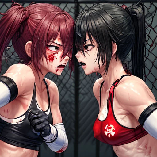 A match between two beautiful high school girls mixed martial artists。Covered in blood、Covered in wounds and in a bad shape。I muster up my last strength、They're punching each other with all their might.。fighting violently。Suffering from damage。Mouth open and dripping blood。Facial swelling。Bruised body。With one eye closed, it seems painful。Fighting inside the Octagon。I'm soaked in sweat。Ripped and tattered sports bra and bikini、Open Finger Gloves。Erect nipples。Short black hair。