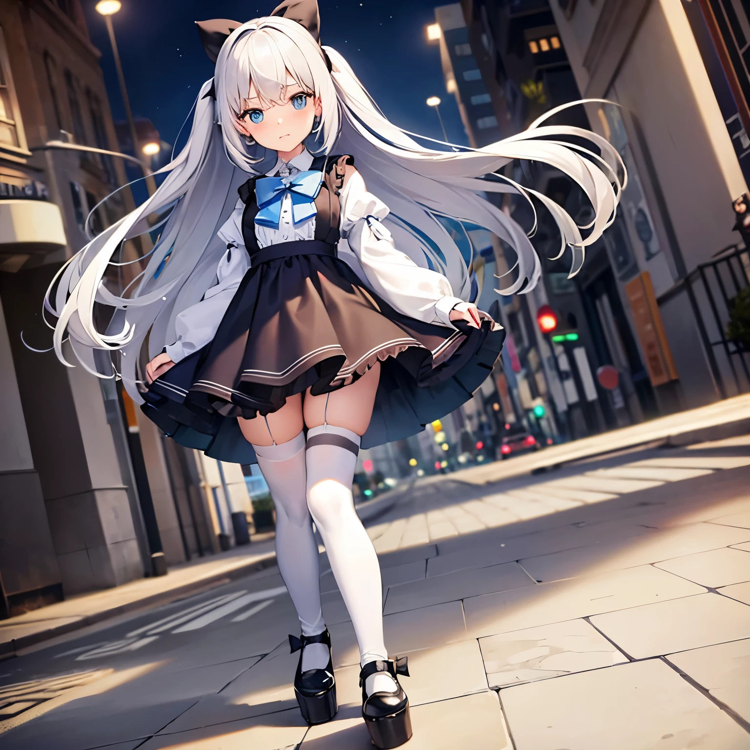 (highest quality),whole body,(one cute girl),wearing black lolita dress,(silver hair,light blue eye,mini skirt,white thigh-high socks,platform footwear),(embarrassed1.3,blush),shopping street,walking,noon,((windy)),((bow-legged))