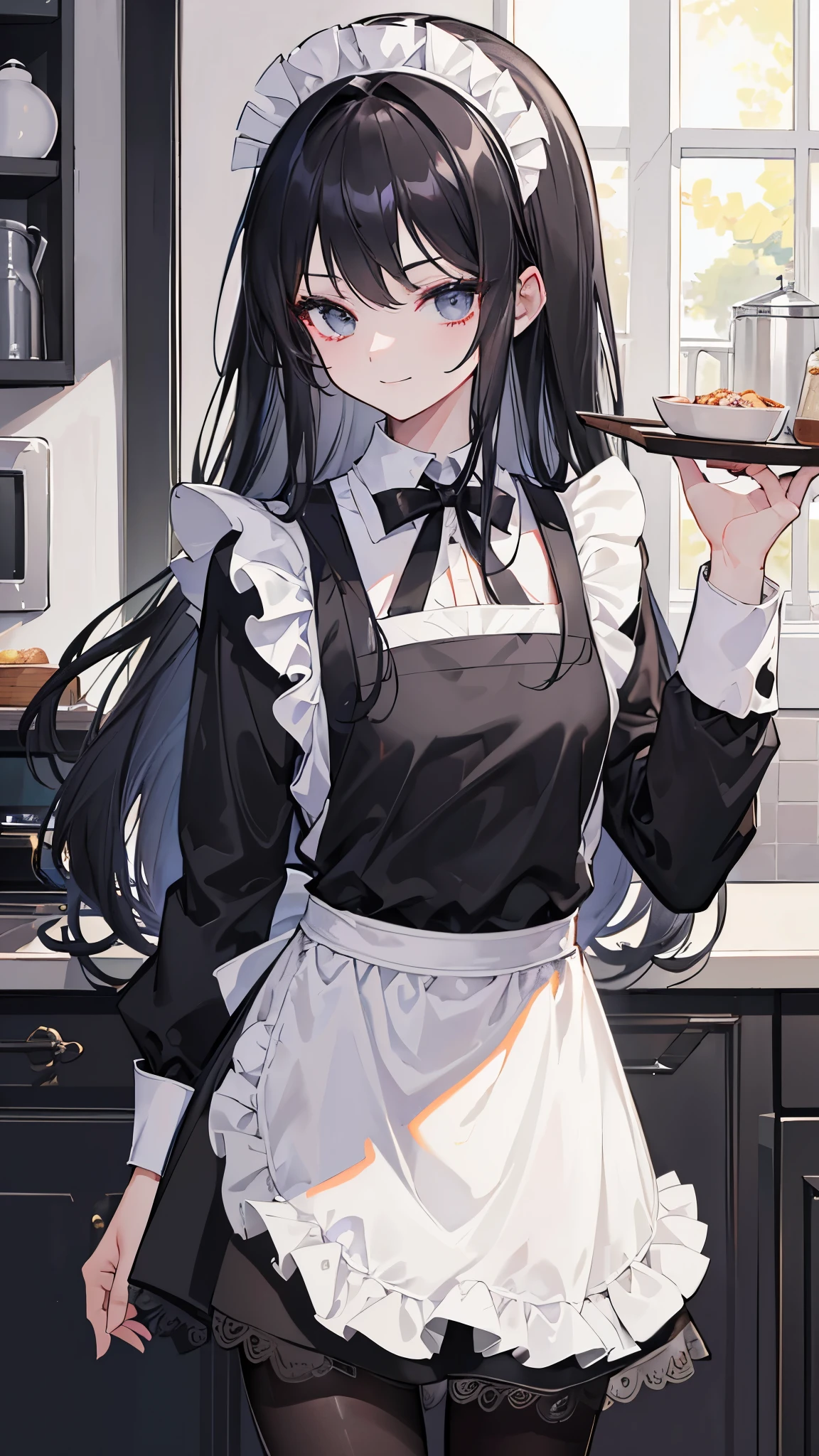 (masterpiece、highest quality、Super detailed)、One girl、Black Hair、Long Hair、Grey Eyes、evil smile、Moderate chest、White brim、((Black Shirt))、Long sleeve、apron、((Maid))、((black pantyhose))、Cowboy Shot、Kitchen Background