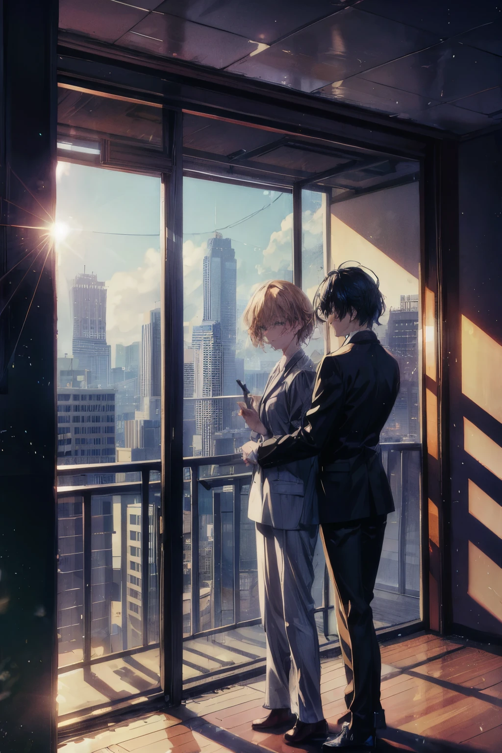 The room was bare, with no furniture or luggage, and the balcony had a balcony with silhouettes of buildings in the Shinjuku subcenter in the distance, and the afternoon sun was shining in through the windows. Two young men are smoking cigarettes and one is hugging the other from behind , humor,comic style,bold lines,