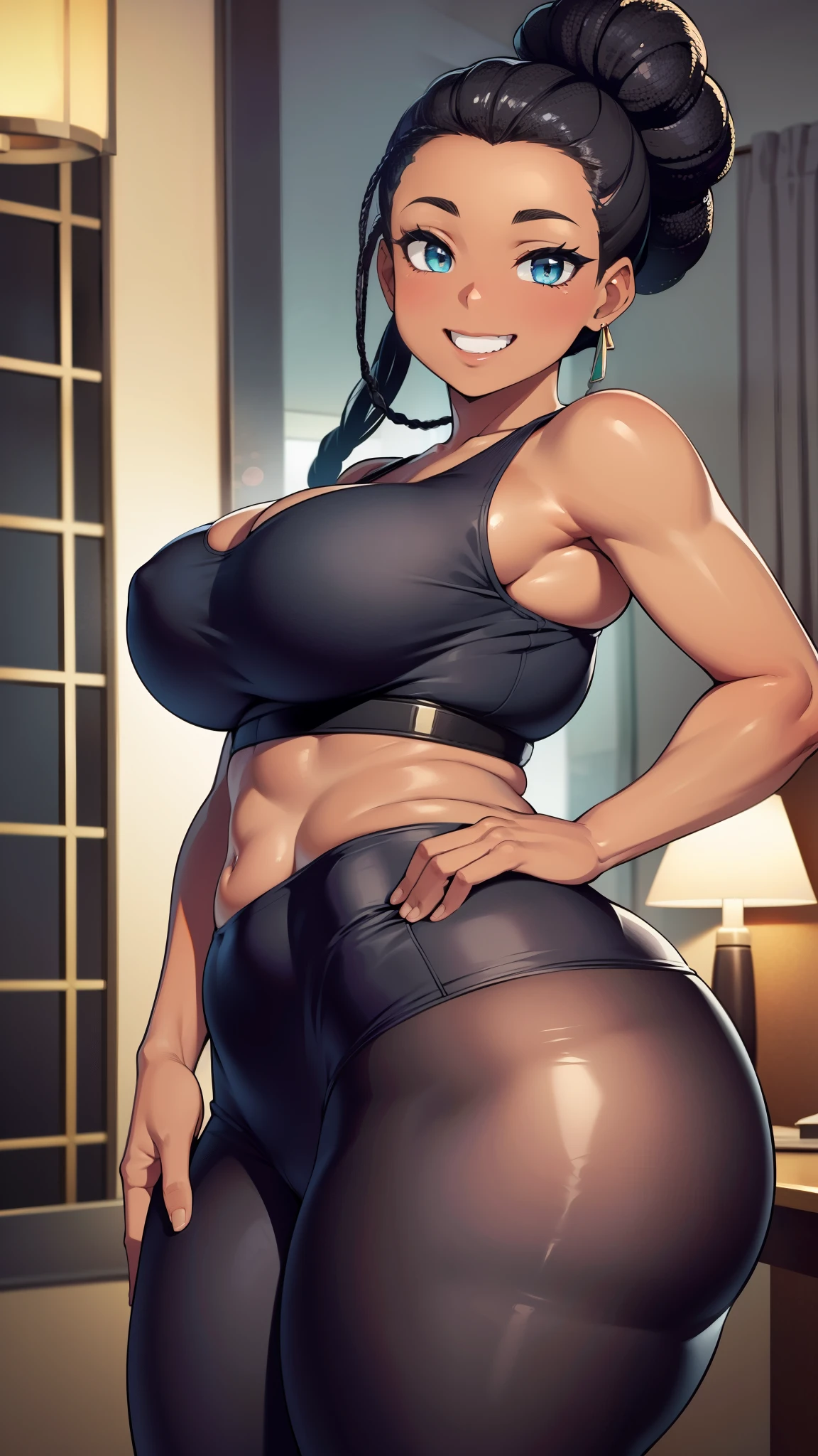 1girl, 1man, shiny skin, speedlines, perfect face, intricate details, size difference, living room, score_9, score_8_up, score_7_up, rating_explicit, source_anime, Colored, Tomboy, tanned, adult, milf, short hair, shiny blonde hair, bob-cut, glowing green eyes, heavy blush, massive breasts, Hourglass figure, Athletic body, Slim-fit body, green lipstick, arm tattoo, black bikini, bandeau bikini top, thong, plain black choker, kneeling, ugly fat man, dark-skinned male, faceless male, massive penis, extremely long penis, erect penis, erection, massive testicles