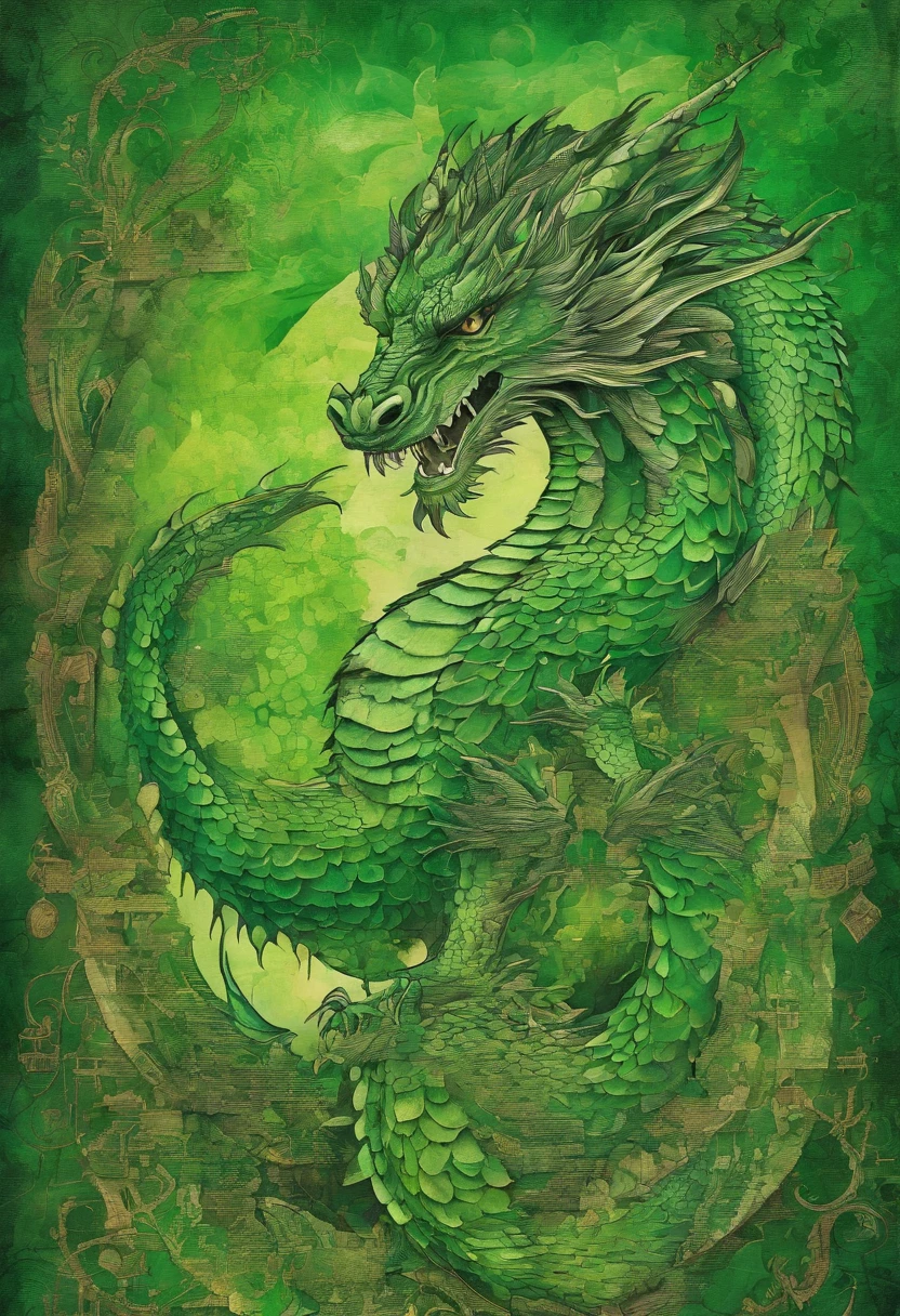 fully green dragon, regard authentique réel, green forest background ::2 colorful ink painting ::2 art fantasy