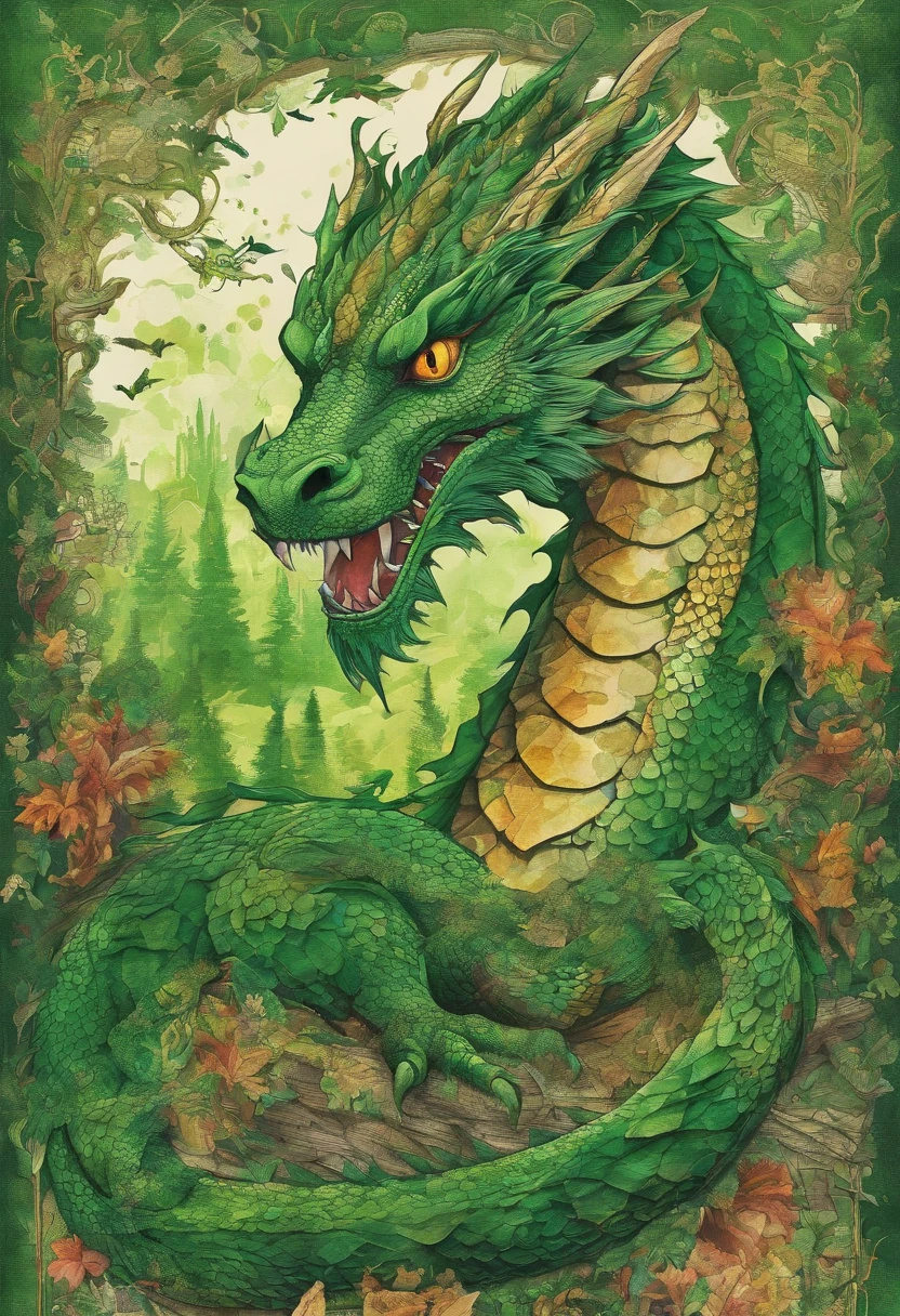 fully green dragon, regard authentique réel, green forest background ::2 colorful ink painting ::2 art fantasy
