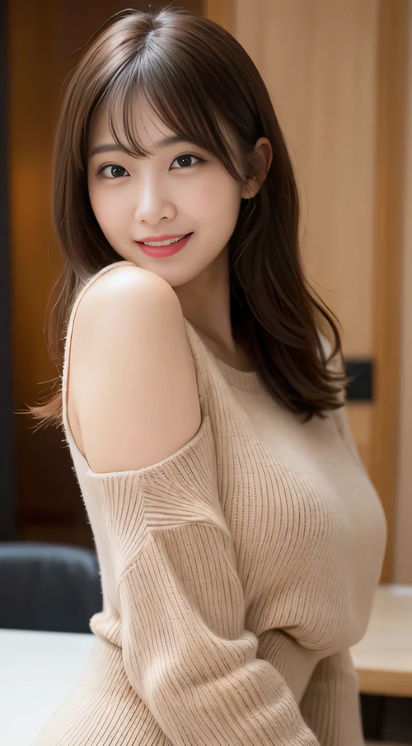 Tabletop, highest quality, shape, Very detailed, finely, High resolution, 8k wallpaper, perfect dynamic composition shape, finely beautiful eyes, Wearing a brown sweater, Medium Hair,Brown Hair Color ,Beautiful breasts, Natural color lip, Random sexy poses,Random Situation,Slender body,Narrow side,smile,Looking at the camera is sexy,