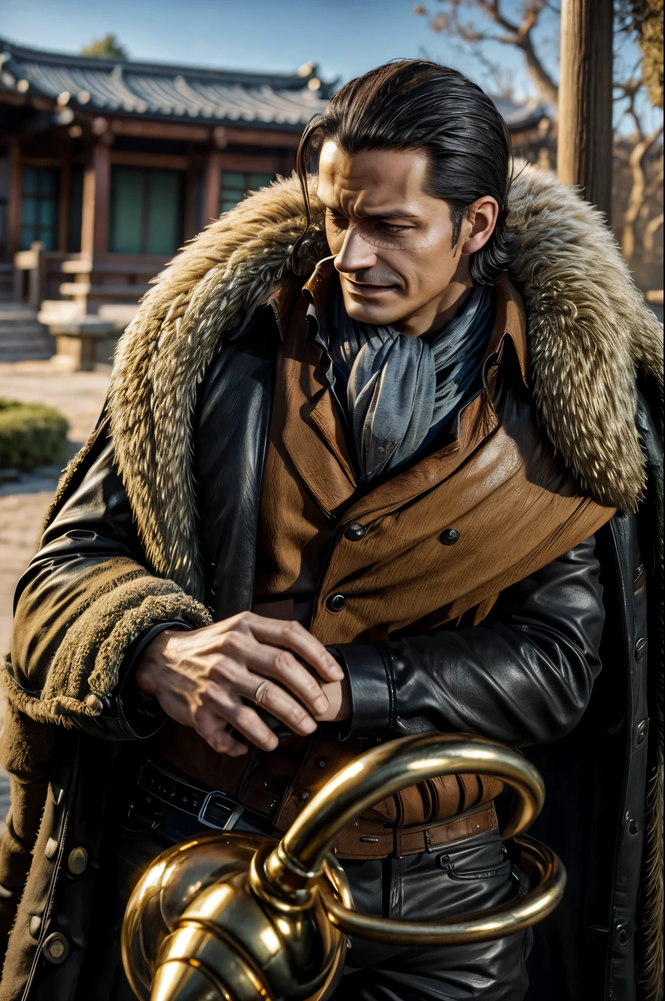 masterpiece, best quality, extremely detailed, hyperrealistic, photorealistic, a cool 40s man, ultra detailed face:1.2, fur-trimmed coat, scarf around the neck, his left hand is a golden pirate hook:1.1, distant view shot, japanese style garden:1.3, dynamic pose, cigar, sly smile, relaxed