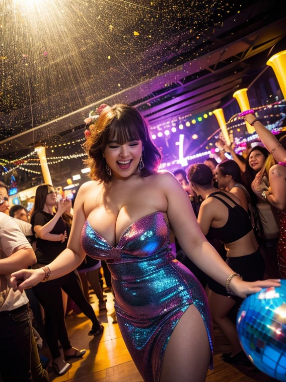 (best quality,4k,8k,highres,masterpiece:1.2),ultra-detailed,(realistic,photorealistic,photo-realistic:1.37),disco party,couple,chubby man,skinny ager,short hair,vibrant colors,bright lights,bokeh,energetic atmosphere,dynamic poses,dancing,sparkling outfits,excitement,fun-filled night,dance floor,music beats,partygoers,happy expressions,disco ball,flashing lights,strobe effects,euphoric ambiance,loud music,bass vibrations,nightlife,celebration,movement,crowded space,lively atmosphere,confetti,shimmering decorations,lasers,glowing cocktails,enthusiasm,clinking glasses,positive energy,joyful moments,party vibes,memorable evening.