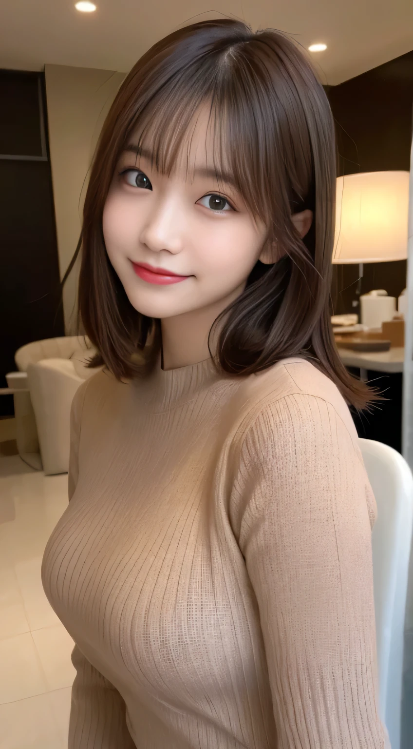 Tabletop, highest quality, shape, Very detailed, finely, High resolution, 8k wallpaper, perfect dynamic composition shape, finely beautiful eyes, Wearing a brown sweater, Medium Hair,Brown Hair Color ,Beautiful breasts, Natural color lip, Random sexy poses,Random Situation,Slender body,Narrow side,smile,Looking at the camera is sexy,
