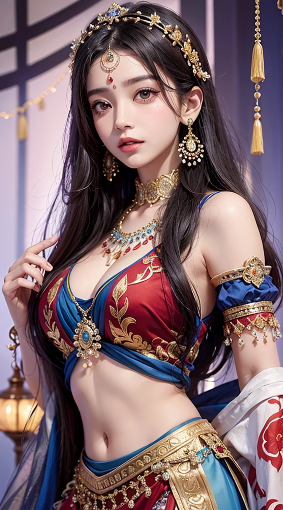Une femme en sari posant pour une photo, Indian, traditional beauty, Indien, beautiful girl, red Ornate Cosplay, en tailleur, Super mannequin indien, Belle jeune fille, femme magnifique, Asie du Sud-Est avec Long, Indien provocateur, magnifique belle femme, Tenue complexe, Hindu aesthetics, belle fille asiatique, Extremely detailed shot of the girl, jaw dropping beauty, Big breasts deep neckline sexy navel