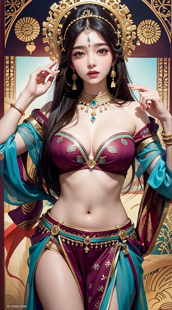 a beautiful attractive young in nipple tweezers clit jewelry vaginal, dangles nipple jewelry body and custom jewelry thong chain, perfect face and body ,vine and leaf art nouveau background, intricate string crystal belly suspenders, beautiful belly breast, H cup breasts, medium long body shot