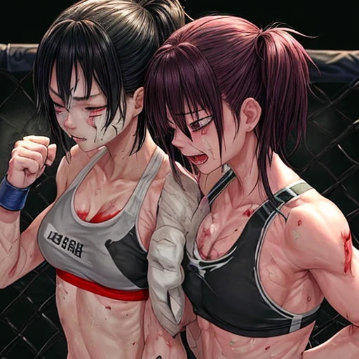 A match between two beautiful high school girls mixed martial artists。Covered in blood、Covered in wounds and in a bad shape。After the match、Take off your sports bra、Replacing。Facial swelling。Bruised body。With one eye closed, it seems painful。Fighting inside the Octagon。I'm soaked in sweat。Ripped and tattered sports bra and bikini、Open Finger Gloves。Erect nipples。Short black hair。