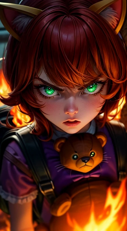 Green Eyes, annie, Red Hair, angry, brown leather backpack, short hair, fake cat ears, long bangs, fire, teddy bear, tibbers, purple shirt, flame, throwing, close up, glowing
