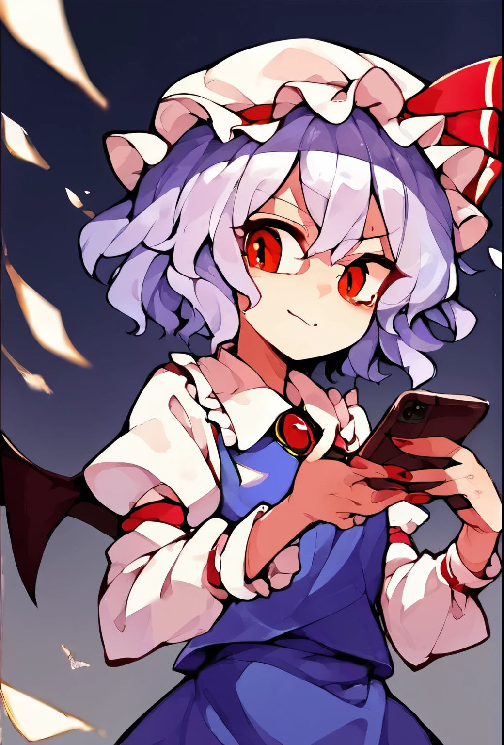 source_anime, (2d), score_9, score_8_up, score_7_up, score_6_up, score_5_up, score_4_up, solo, 1girl, standing, holding phone, looking at phone, :o, remilia_scarlet_touhou, red_eyes, short_hair, bat_wings, wings, ribbon, hat, blue_hair, mob_cap, hair_between_eyes, hat_ribbon, bangs, smile, red_ribbon, confused, raised eyebrow, cowboy shot