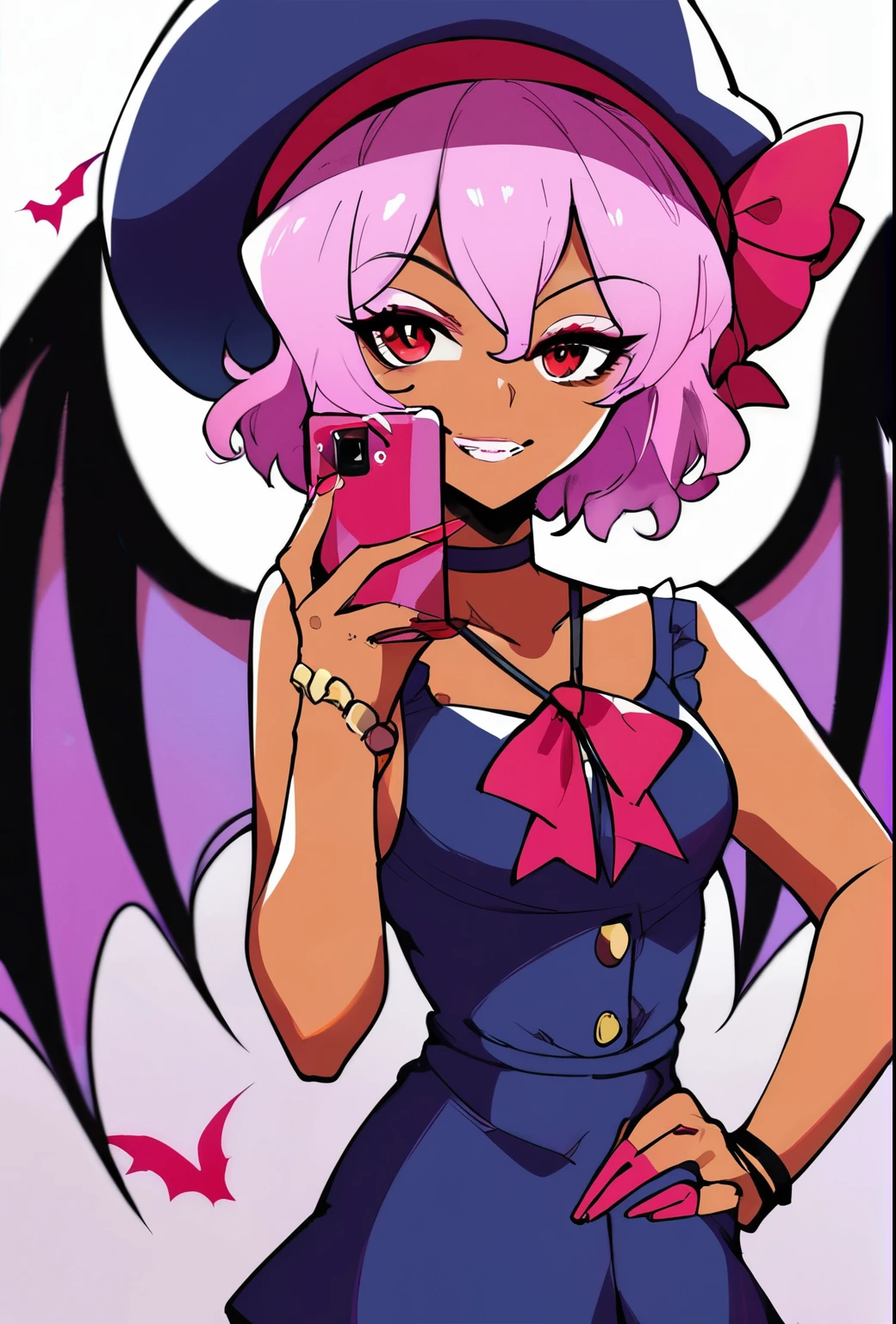 source_anime, (2d), score_9, score_8_up, score_7_up, score_6_up, score_5_up, score_4_up, solo, 1girl, standing, holding phone, looking at phone, hand on hip, gyaru, tanned skin, pink thin lips, choker, makeup, pink eyeshadow, jewelry, smile, remilia_scarlet_touhoured_eyes, short_hair, bat_wings, wings, ribbon, hat, blue_hair, mob_cap, hair_between_eyes, hat_ribbon, bangs, smile, red_ribbonr, cowboy shot