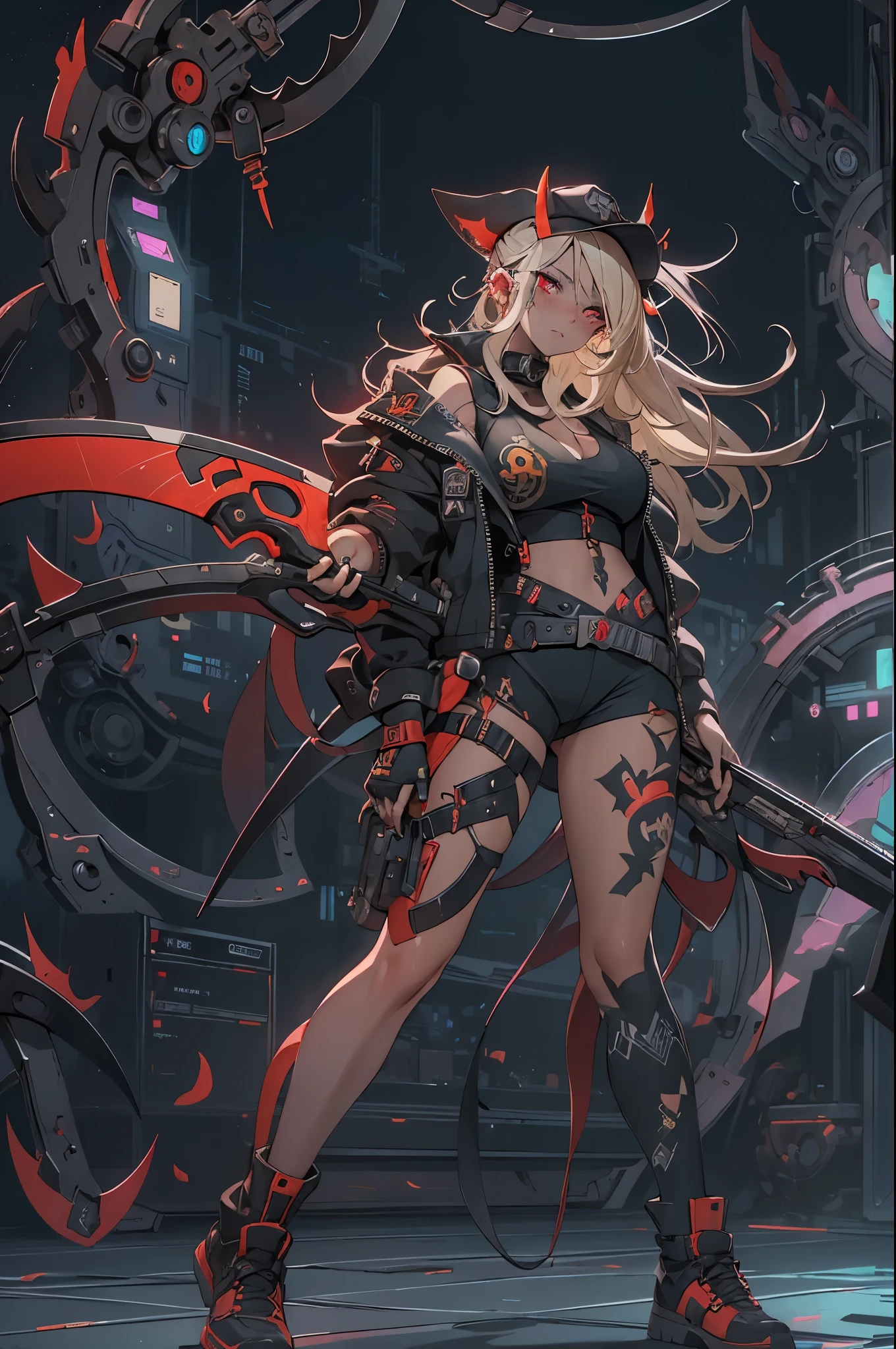 1girl, rebecca \(cyberpunk\), ((cowboy shot)),(( a huge big scythe, the size of half of the screen:1.3 )),solo, blonde braid hair, glowing red eyes,laugh fearlessly, leg tattoo, neck tattoo,  large chest, black bra, thong, red pupils, skin fang, red eyes, black jacket, 