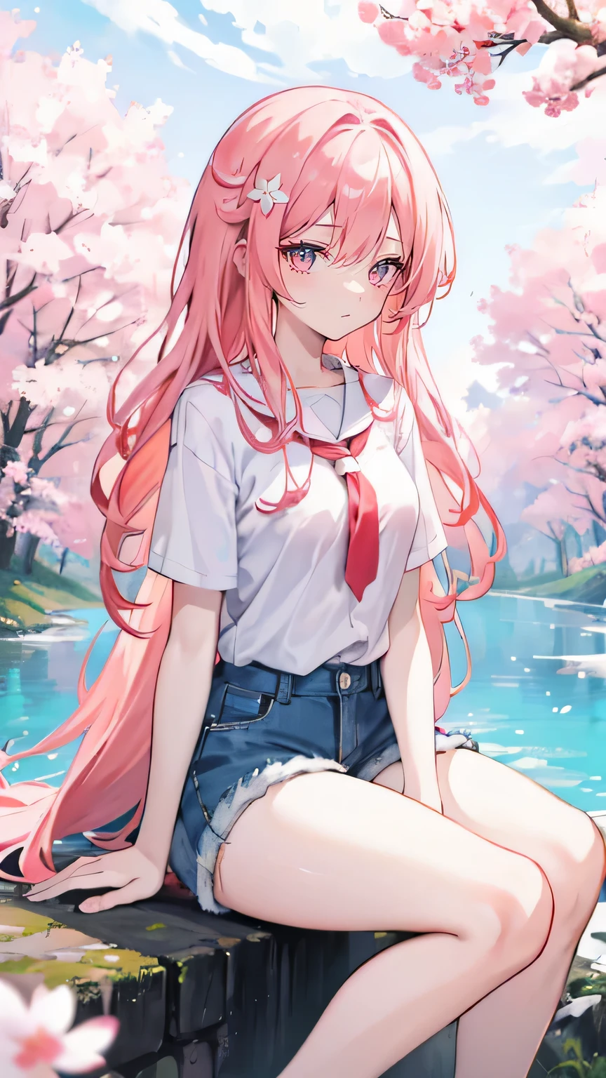Coral pink hair，Long hair，hair over one eye，Gray eyes，feather hair ornament，cute，Girl，laughing expression，White short sleeve，Denim shorts，White silk pantyhose，White silk pantyhose，Wearing sneakers，Sitting on the ground，whole body，Don't show your arms，Background with cherry blossom trees，many trees，many clouds