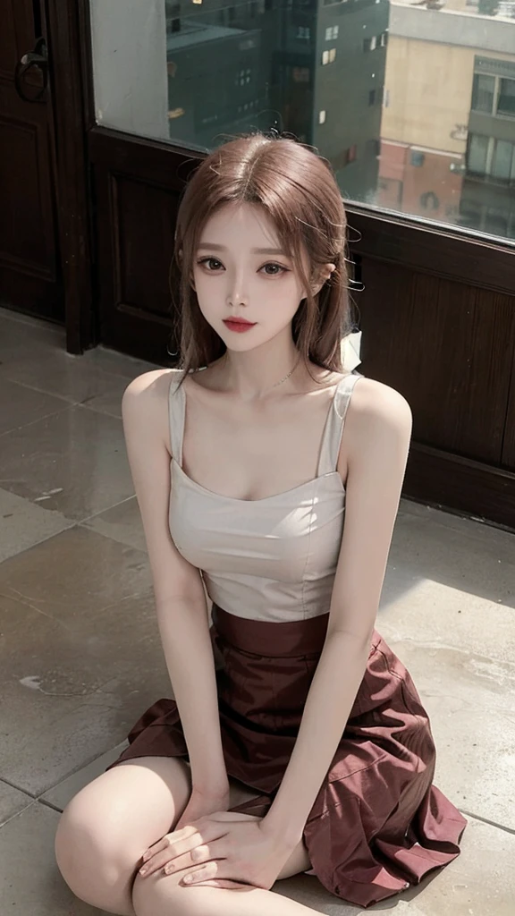 from above,she is looking at viewer,masterpiece,real photos,(solo) Real light and shadow，HDR backlight，Contour light，Shallow depth of field。reddish brown long straight hair，Elegant Chinese beauty, wearing Chiffon Sleeveless Blouse skirt，A confident smile，Sitting elegantly on the floor making tea