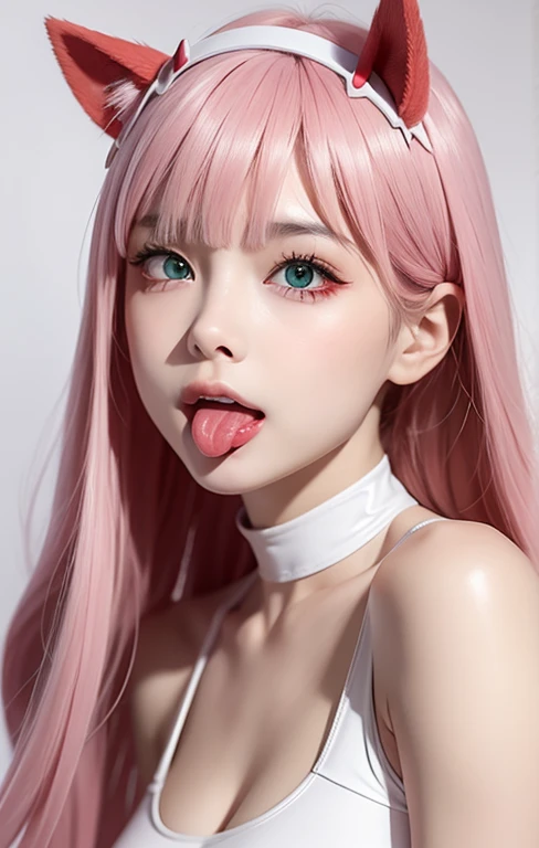 One girl, (sticking out her tongue out), (tongue), Ultra-high resolution, Realistic, highest quality, 8k resolution, masterpiece, Cat ear, ((choker, latex, Tight swimsuit)), Tank top, ((Face close-up)), (Ahegao), Kneel, Ah face, Please open your mouth wide, Stick out your tongue to receive, Put one hand in your mouth, Ecstasy, (White liquid on face), Look up, Shooting from above, (White liquid dripping from the mouth), tongueを突き出す, (White liquid accumulation on the tongue), Ecstatic expression, Large amounts of  in the mouth,  On the chest, Delicate fingertips, Complex fingertips, Browsing Caution, roll one’s eyes back, look up, Zero Two