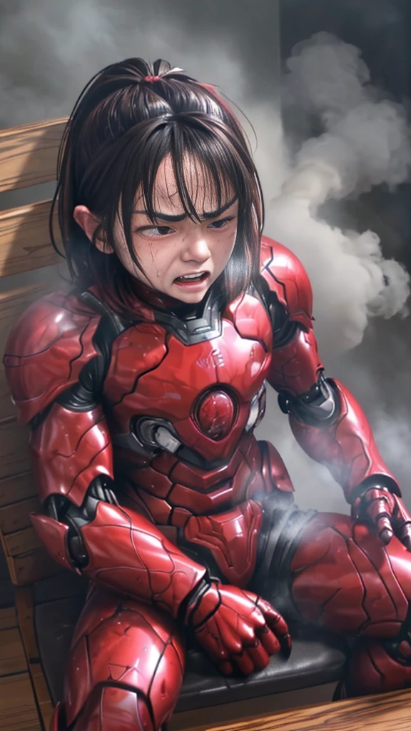 Rough skin, Very detailed, Advanced Details, high quality, 最high quality, High resolution, 1080p 、Bleeding from the wound、Red Armor、Wearing red and black、cute((Serious damage to the whole body))(Wearing a damaged female robot suit...)(Red Armor)(Broken Armor)Black Hair、Glasses、Chiquita、Soaking wet、Open your mouth、Sweaty face、It hurts again、cute、knock down、Droolinging from the mouth、Female college student　　(Steam coming out of the face) ((Steam coming out of the body)) Sit on a chair　Touching the vagina　Drooling　look up　suffering　Shooting site　Remove the helmet　My eyes are gone