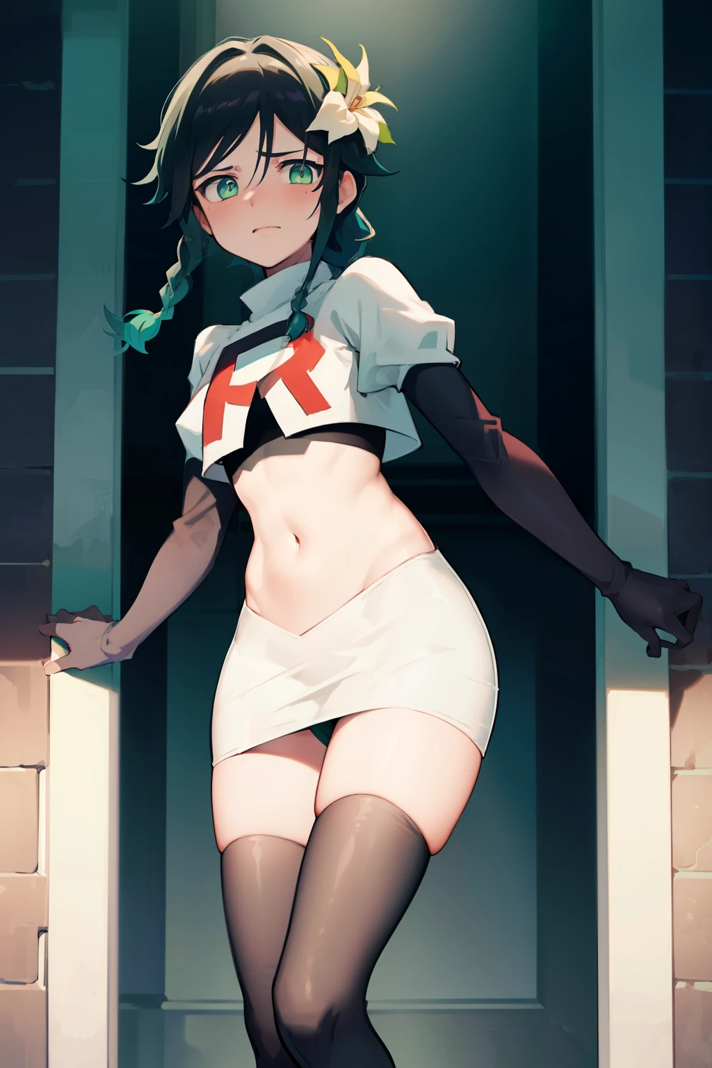 absurdres,venti,1boy, male focus, trap,black hair, green-blue hair, hair braid,hair flower,aqua green eyes,crossdressing,1boy,team rocket,team rocket uniform,white skirt,red letter R,crop top,black thigh-highs,black elbow gloves, embarrassed, blush