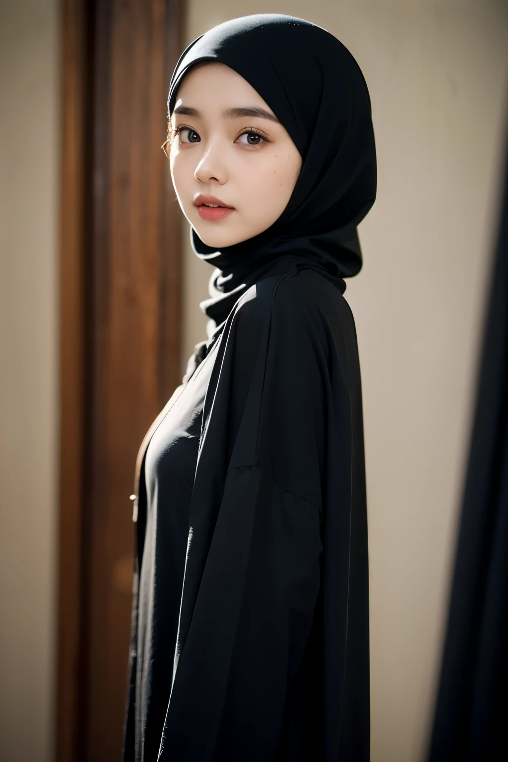 ((Masterpiece, Best Quality:1.3)), Islamic Clothing (perfect) Tight (Hijab, abaya), (depth of field:1.3), ((front body:1.35)), Indonesian girl, 18 years old, 1girl, 