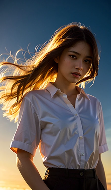 (highest quality, masterpiece), 1 girl, look down, Wind, particle, simple background, dark mood, Upper body,