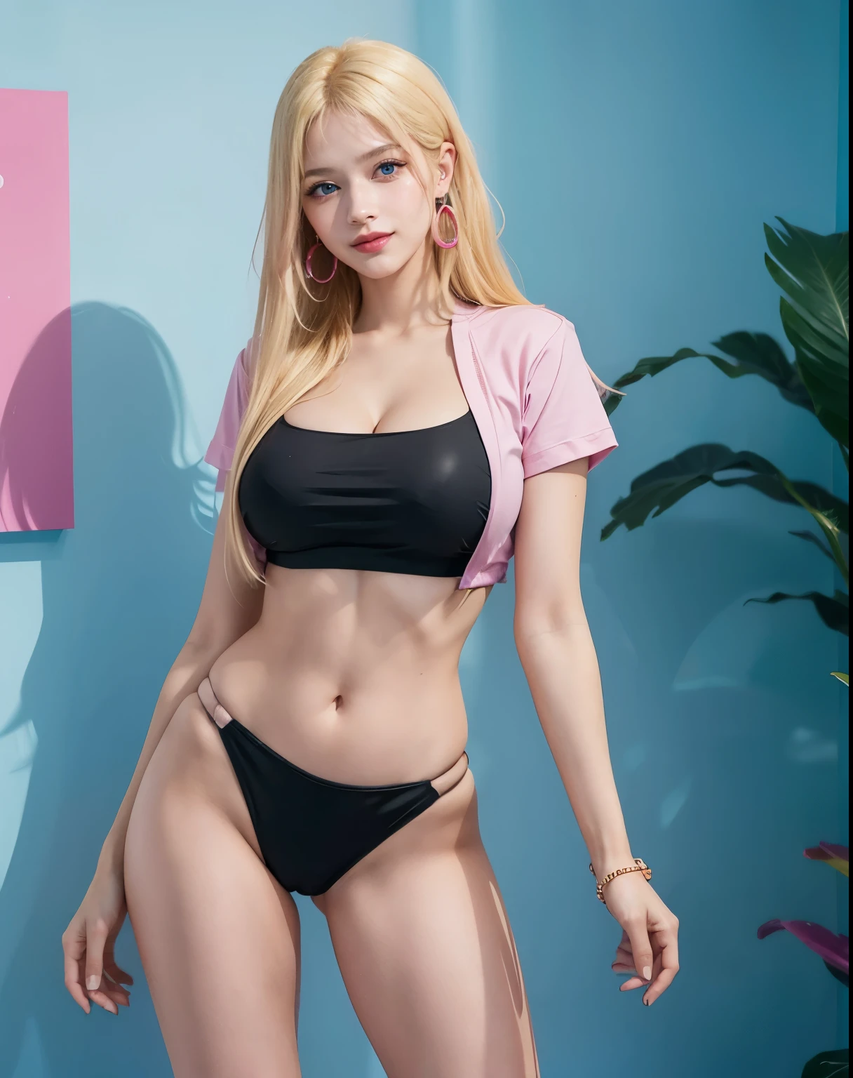 1girl, (Blue eyes), (smiling :1.2), (Sana Minatozaki), (colorful makeup :1.2), wide hips, Big tits :1.2, big ass, (Best Quality, 8k, Masterpiece: 1.3), Clear Focus: 1.2, Perfect Body Beauty: 1.4, Highly detailed face and skin texture, detailed eyes, double eyelids, (blonde long straight hair :1.3), (cleavage vibrant pink T-shirt :1.2), statement earrings, jewelry, standing, dynamic pose, background: colorful rainbow wall, Cool girl