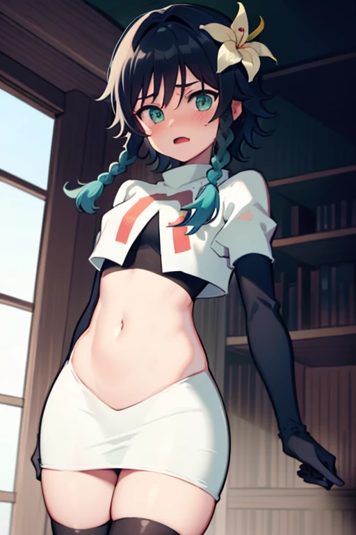 absurdres,venti,1boy, male focus, trap,black hair, green-blue hair, hair braid,hair flower,aqua green eyes,crossdressing,1boy,team rocket,team rocket uniform,white skirt,red letter R,crop top,black thigh-highs,black elbow gloves, embarrassed, blush