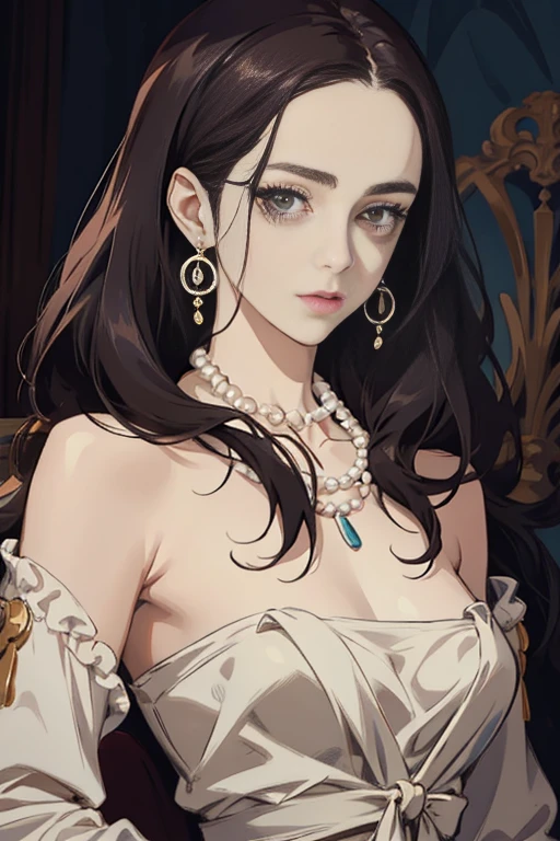 a drawing of a woman with a necklace and pearls around her neck, no art style by bowater, arte digital de um elegante, Retrato anime Kaya Scodelario, Madonna Elegant Genre, in digital illustration style, pintura digital barroca, fanart requintada altamente detalhada, inspirado em Kim Deuk-sin, retrato detalhado do personagem, retrato de jisoo blackpink