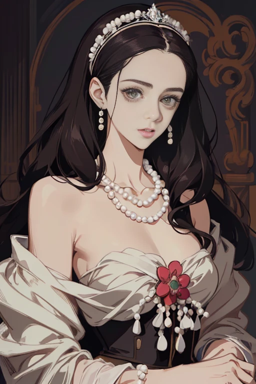 a drawing of a woman with a necklace and pearls around her neck, no art style by bowater, arte digital de um elegante, Retrato anime Kaya Scodelario, Madonna Elegant Genre, in digital illustration style, pintura digital barroca, fanart requintada altamente detalhada, inspirado em Kim Deuk-sin, retrato detalhado do personagem, retrato de jisoo blackpink