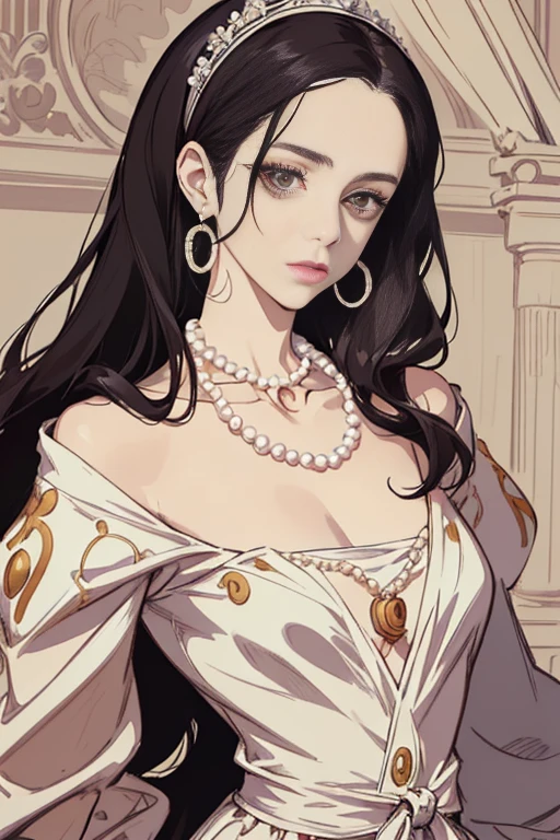 a drawing of a woman with a necklace and pearls around her neck, no art style by bowater, arte digital de um elegante, Retrato anime Kaya Scodelario, Madonna Elegant Genre, in digital illustration style, pintura digital barroca, fanart requintada altamente detalhada, inspirado em Kim Deuk-sin, retrato detalhado do personagem, retrato de jisoo blackpink