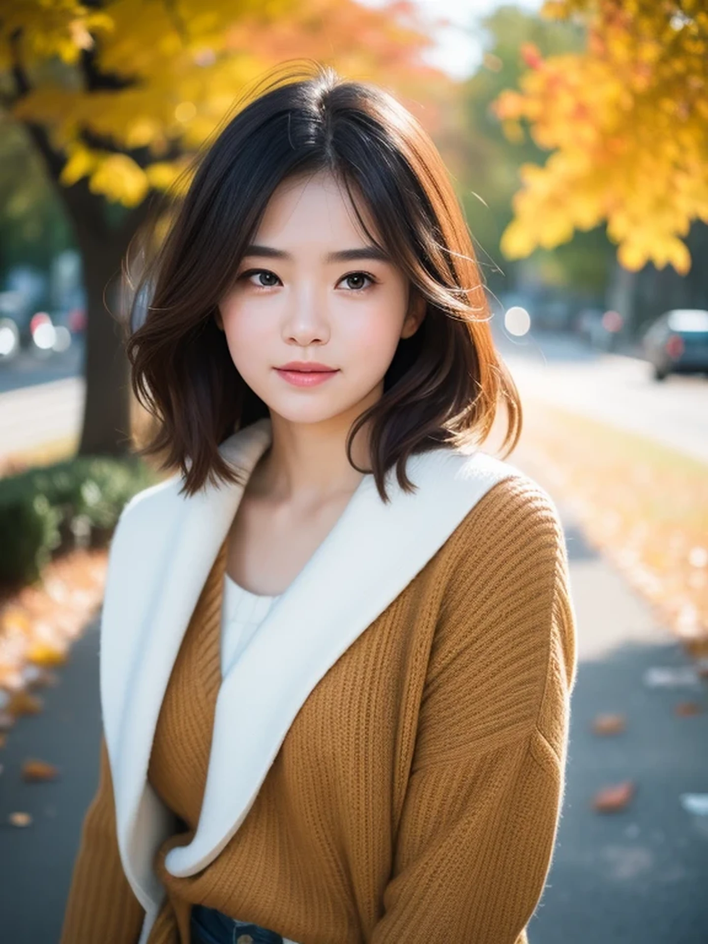 masterpiece, Best Quality, Raw photo, 8K, ultra-detailed face, 1girl, full body, Beautiful detailed skin, backlight, soft light, bashful, (shoot from front:1.2), happy sad, open your mouth to say something, Luminescent, Anatomically correct, Medium hair, hair blown by the wind, Eyes and faces with detailed, Textured skin, Professional Photography, Bokeh, Portrait, Professional Lighting, Solo, Cute, Film grain, Autumn leaves, autumn-appropriate clothing,