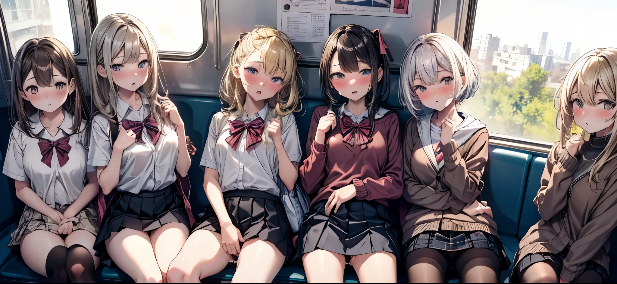 highest quality, Ultra-detailed, 8K, Five Girls,on the train, Seats across from you, Window on the back, high school girl, Sitting, Raising his leg, Not wearing pants, (blush:1.2), ((Pussy juice:1.3)), (Sexual pleasure expression:1.4), nsfw, Wearing a short skirt