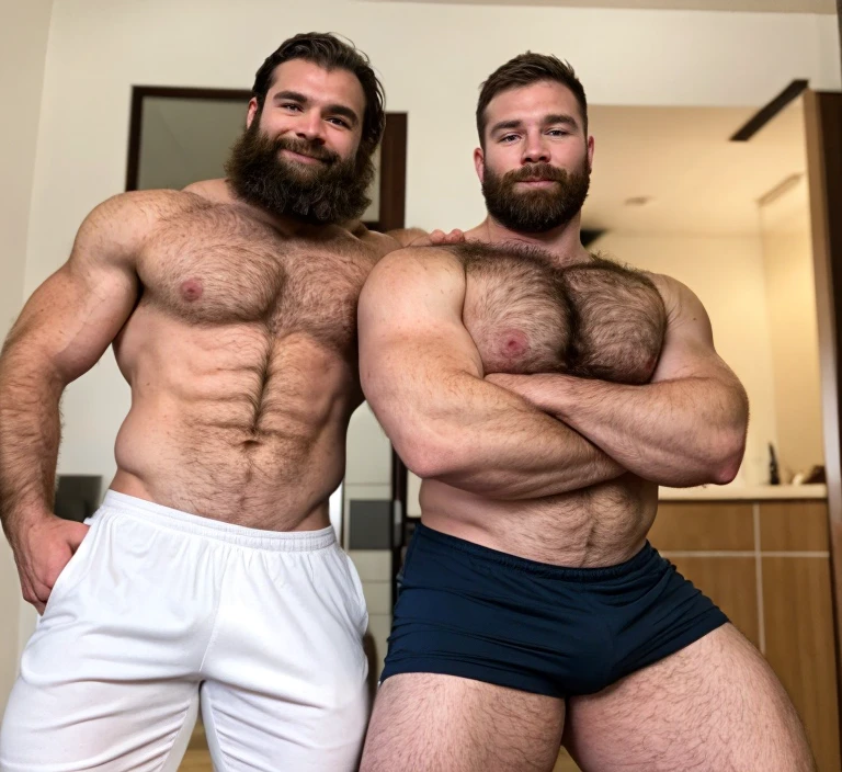 there are two men that are standing up with their arms crossed, hirstute and muscled, hairy bodies, very hairy bodies, two muscular men entwined, greg rutkowski and edgar maxence, muscular men entwined together, 2 muscular attractive men, vitaly bulgarov and mike nash, wet hairy bodies, musclebound and hulking, hairy, beefy muscular men, hairy men, homoerotic