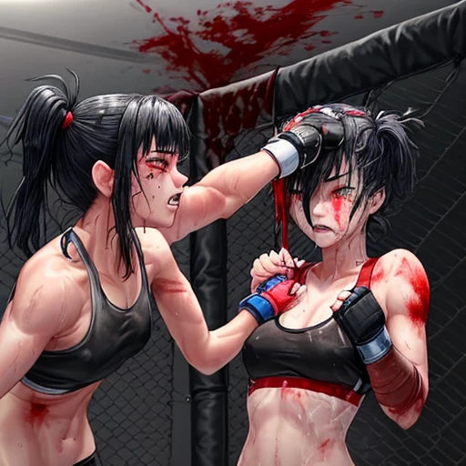 A match between two beautiful high school girls mixed martial artists。Covered in blood、Covered in wounds and in a bad shape。After the match、Taking off her sports bra。Facial swelling。Bruised body。With one eye closed, it seems painful。Fighting inside the Octagon。I&#39;m soaked in sweat。Open Finger Gloves。Erect nipples。Short black hair。