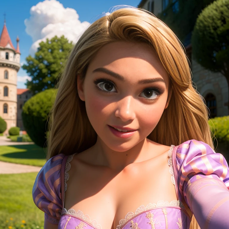 Masterpiece, best quality, Rapunzel, long pink dress, blonde hair, cleavage, looking at viewer, sexy smirk, in a tower, cowboy shot