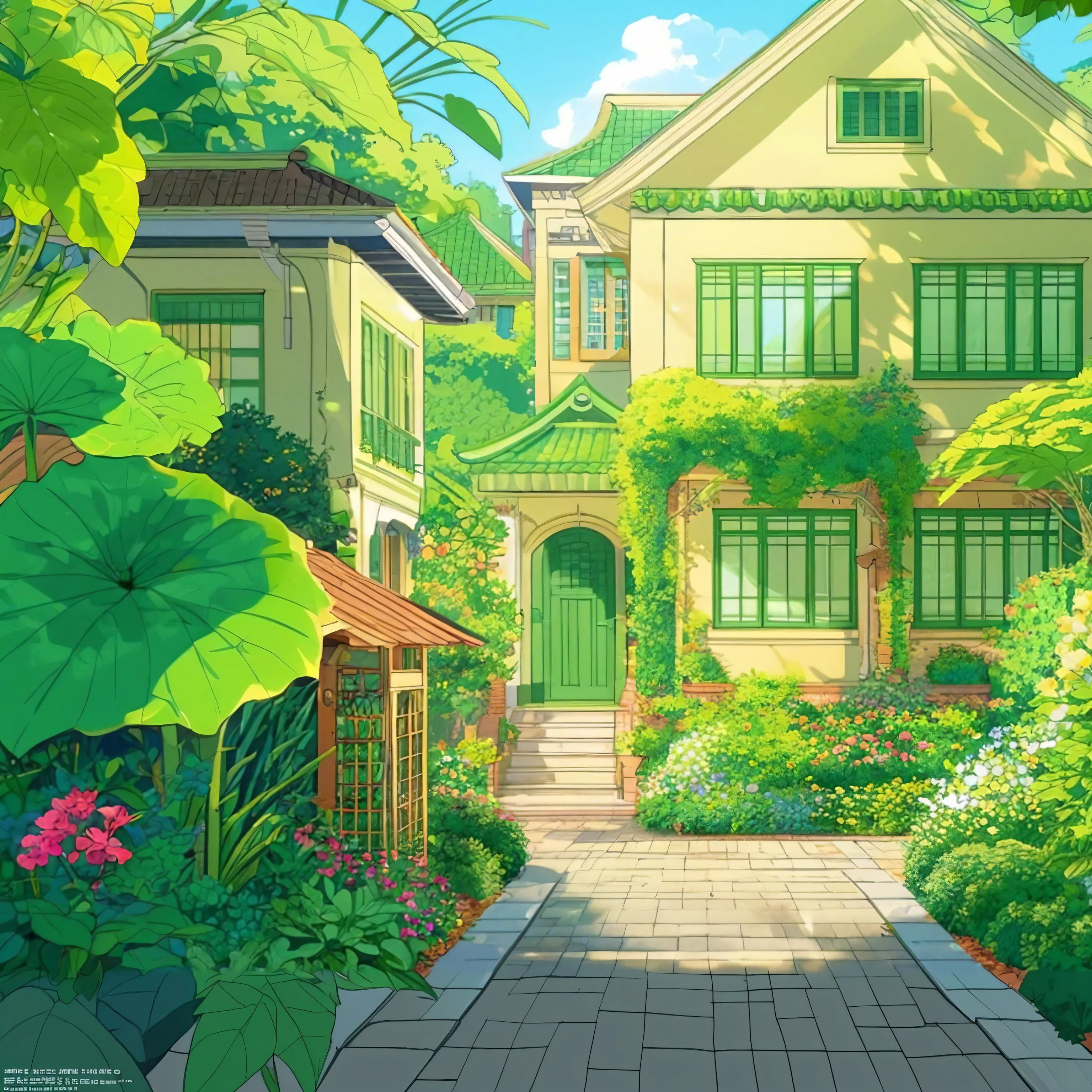 Large leaf green plants,Bright Light、Leaves and flowers should be more detailed,detail、High Definition、high resolution,Ultra-delicate,Poster illustration,Hayao Miyazaki style。