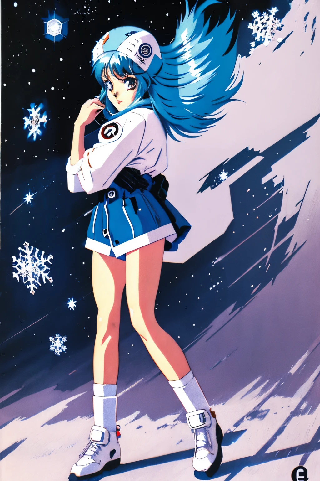 A CUTE ANIME GEEK GIRL OF THE UNIVERSE THROUGH THE SNOWFLAKE DIFFERENT MODELS, Character design, Full body shot, Anime style, manga art, Graffiti art, Inking, Graphic, Masterpiece, Design, Art by Jamie Hewlett, 2d illustration drawing