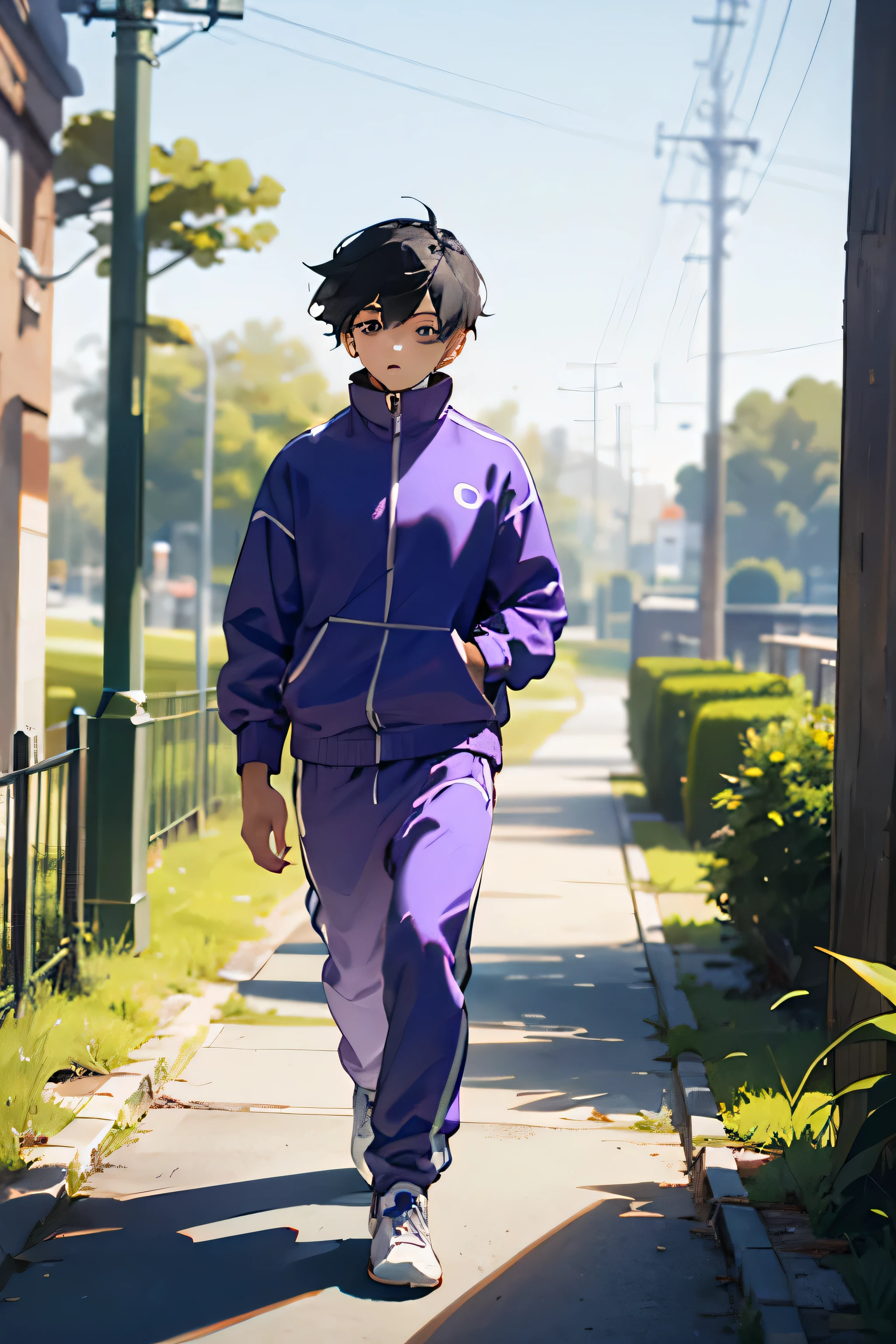 A boy in purple tracksuit while walkin in the calm park