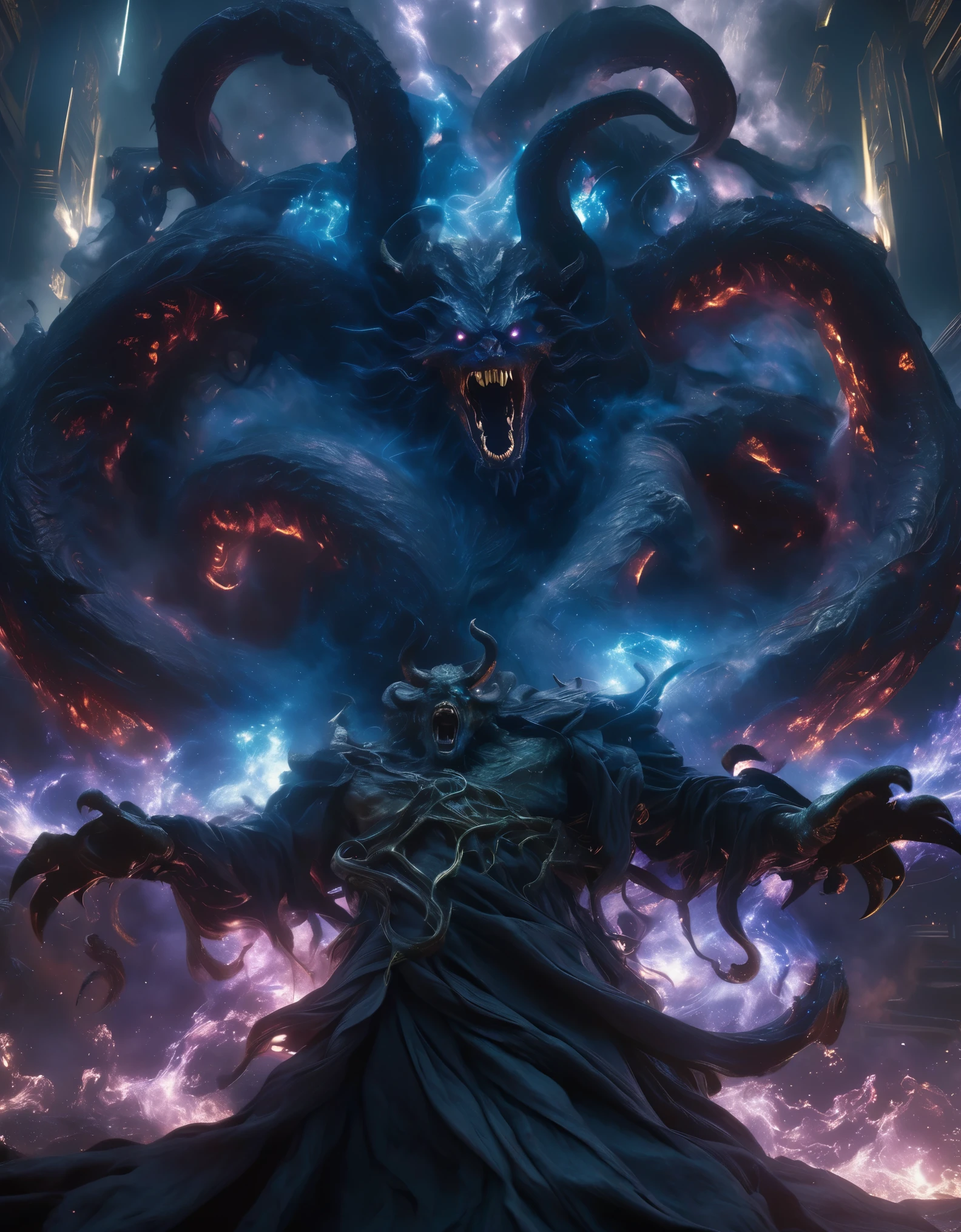 (highest quality,4K,8k,height,masterpiece:1.2),Very detailed,(Realistic,photoRealistic,photo-Realistic:1.37),A giant three-faced demon from another dimension was summoned from a magic circle., Space horror, A deformed head with twisted tentacles and horns., Numerous large fangs, Long, sharp claws, Long Tail, A terrifying figure in a robe of blue flames., Overwhelming violence that plunges the world into chaos., Free your imagination, Breaking the Limits, Creating a new world (amazingly powerful and Realistic composition by Greg Rutkowski:1.2) (One of them was the face of the most beautiful woman in the universe..:1.5), (no:1.5), (The head has organs that resemble the female external genitalia..:1.5)