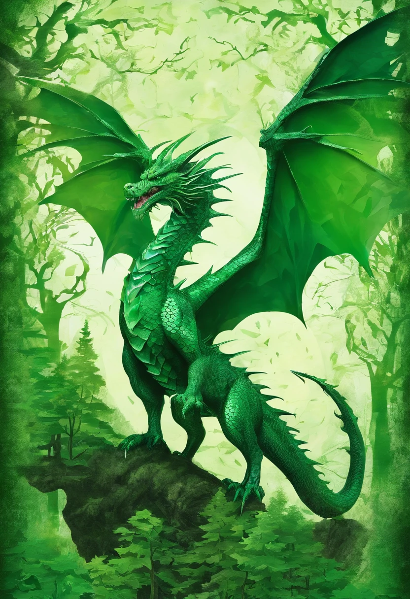 emerald green dragon irish green, regard et posture combattant, green forest background ::2 colorful ink painting ::2 art fantasy