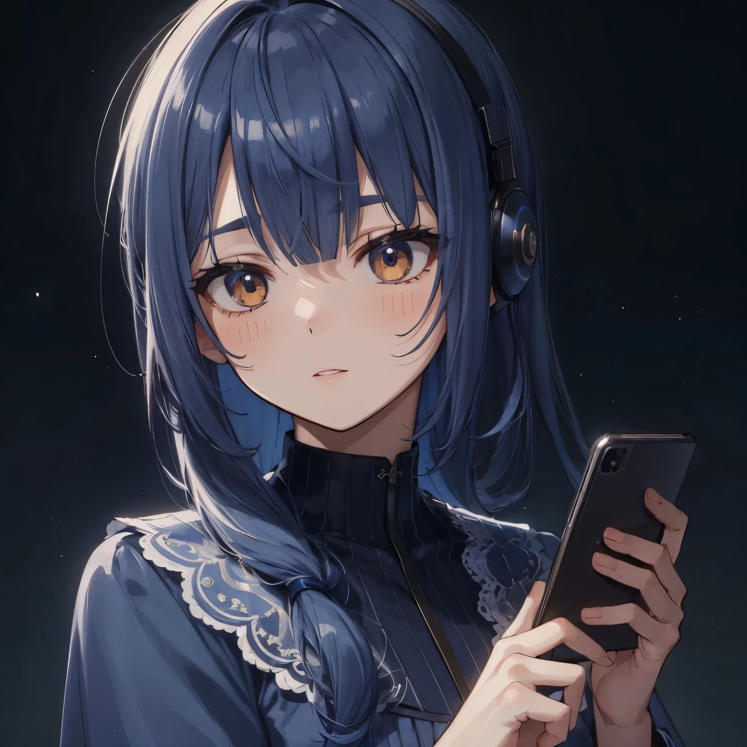 (best quality,4k,highres),portrait,blue-haired woman,brown eyes,long fringe,tied-back hair,blue dress,black ballet flats,holding a smartphone,wearing headphones,illustration,ultra-detailed,soft lighting,vivid colors,bokeh