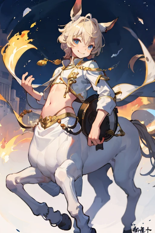 12 year old centaur male、White clothes、Poor、Belly button、Large depiction of the upper body、smile