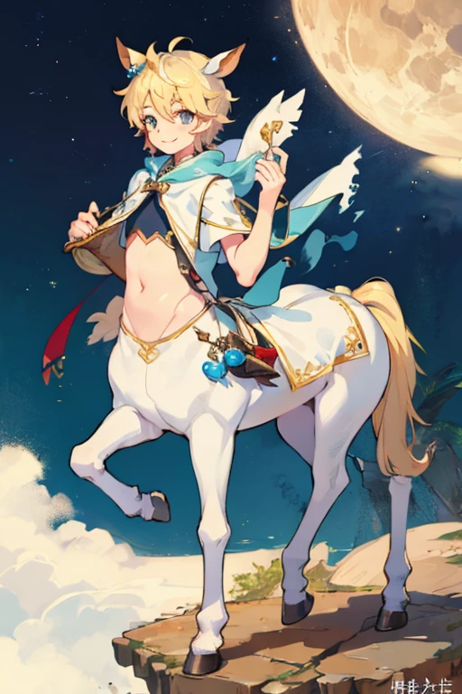 12 year old centaur male、White clothes、Poor、Belly button、Large depiction of the upper body、smile