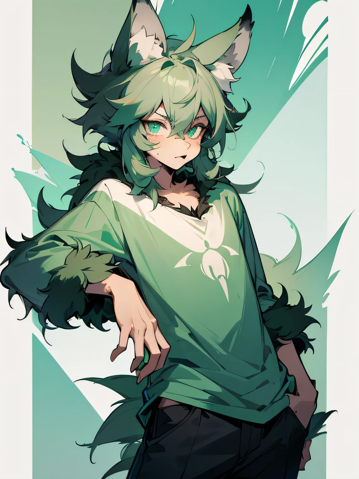 Shaggy fox,personification,Black and mint green furry boy, Young man, Turquoise eyes, Disheveled Hair, Gray Hair, masterpiece,Casual clothing,Furry,kemono,
