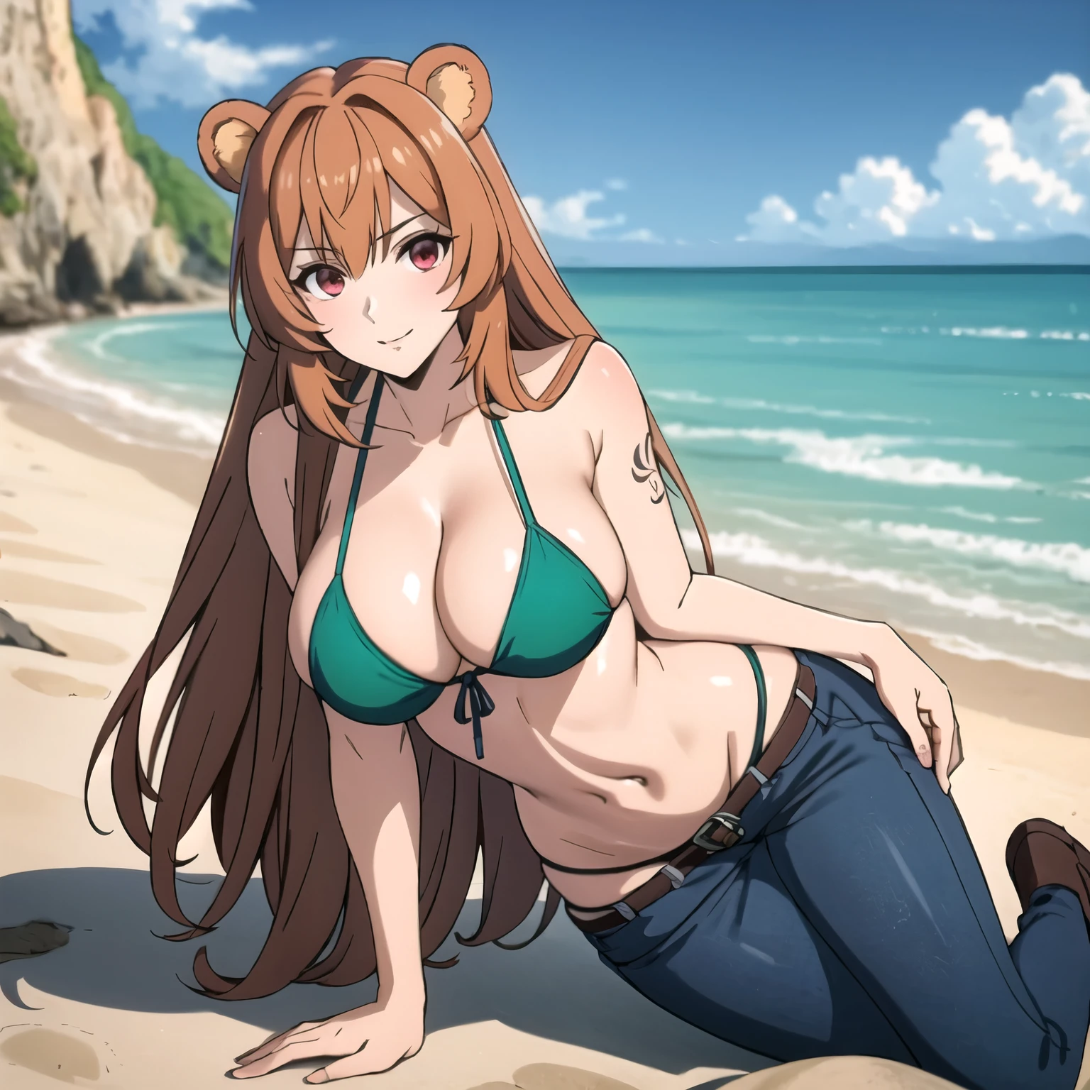 Raphtalia. una sola mujer. beautiful woman 24 years old bear ears, cabello rubio anaranjado . red eyes like rubies. detallados alta calidad. piel clara , sonrisa mostrando los dientes, rubor , pechos grandes bikini verde detallado, pantalones vaqueros de mezclilla azul, botas vaqueras, fondo un barco pirata. bikini verde. una sola mujer bikini verde. tatuaje en su brazo izquierdo. una sola mujer.