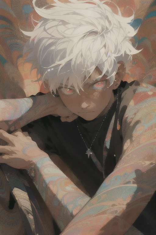 Realistic, (Masterpiece, Top Quality, Best Quality, Official Art, Beauty and Aesthetics: 1.2), Very Detailed, Fractal Art, Colorful, Most Detailed, Zentangle, (Abstract Background: 1.5) (1boy: 1.3), God, White Hair, Short Hair, (Glowing Red Eyes), Mysterious, (Magic), Ice, Handsome Man, Egyptian Style