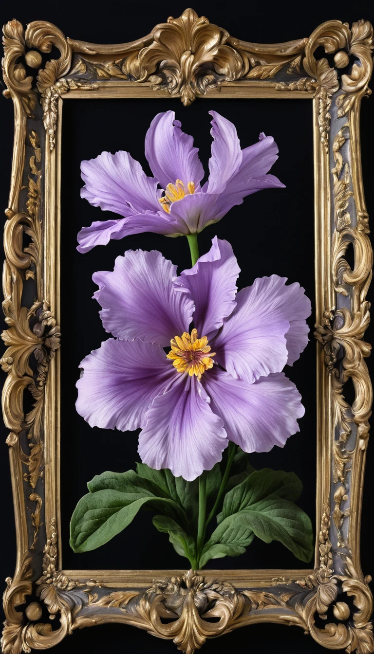 Black background, Fit in the frame, Center, Rococo frame, Pale purple flower, No protrusion