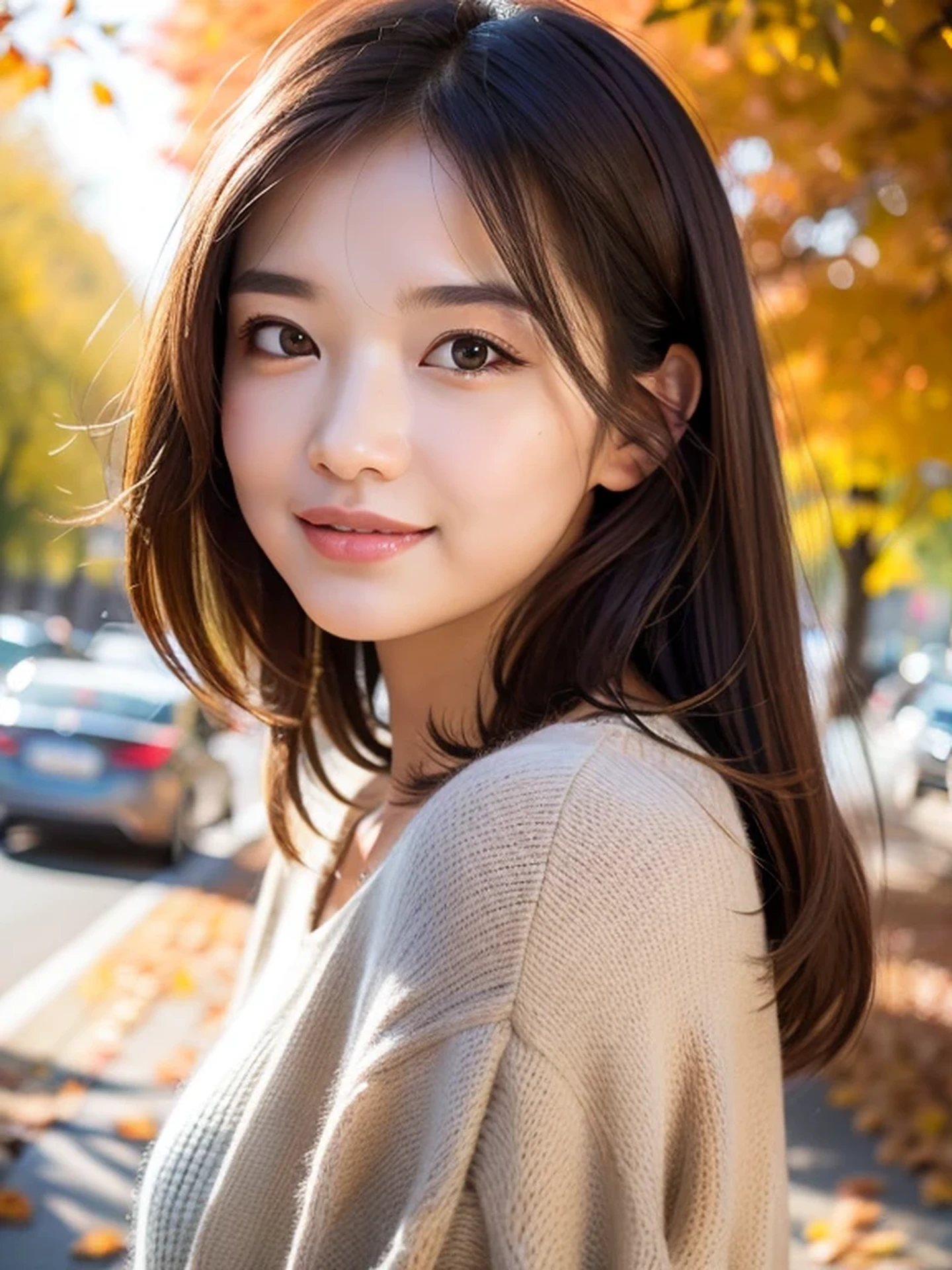 masterpiece, Best Quality, Raw photo, 8K, ultra-detailed face, 1girl, full body, Beautiful detailed skin, backlight, soft light, bashful, (shoot from front:1.2), happy smile, open your mouth to say something, Luminescent, Anatomically correct, Medium hair, hair blown by the wind, Eyes and faces with detailed, Textured skin, Professional Photography, Bokeh, Portrait, Professional Lighting, Solo, Cute, Film grain, Autumn leaves, autumn-appropriate clothing,